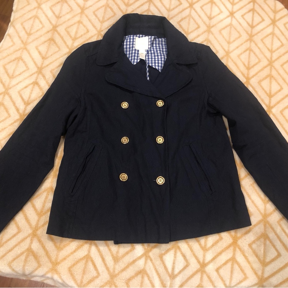 J. Crew Navy Heavyweight Cotton Peacoat Gold Buttons Gingham Lined